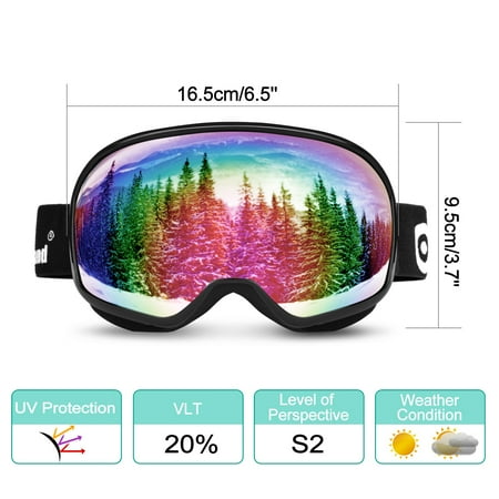 Spherical Series Goggles - Odoland Large Spherical Ski Goggles for Kids Aged 8-16 OTG goggles S2 Double Anti-Fog Lens w/ UV400 Protection