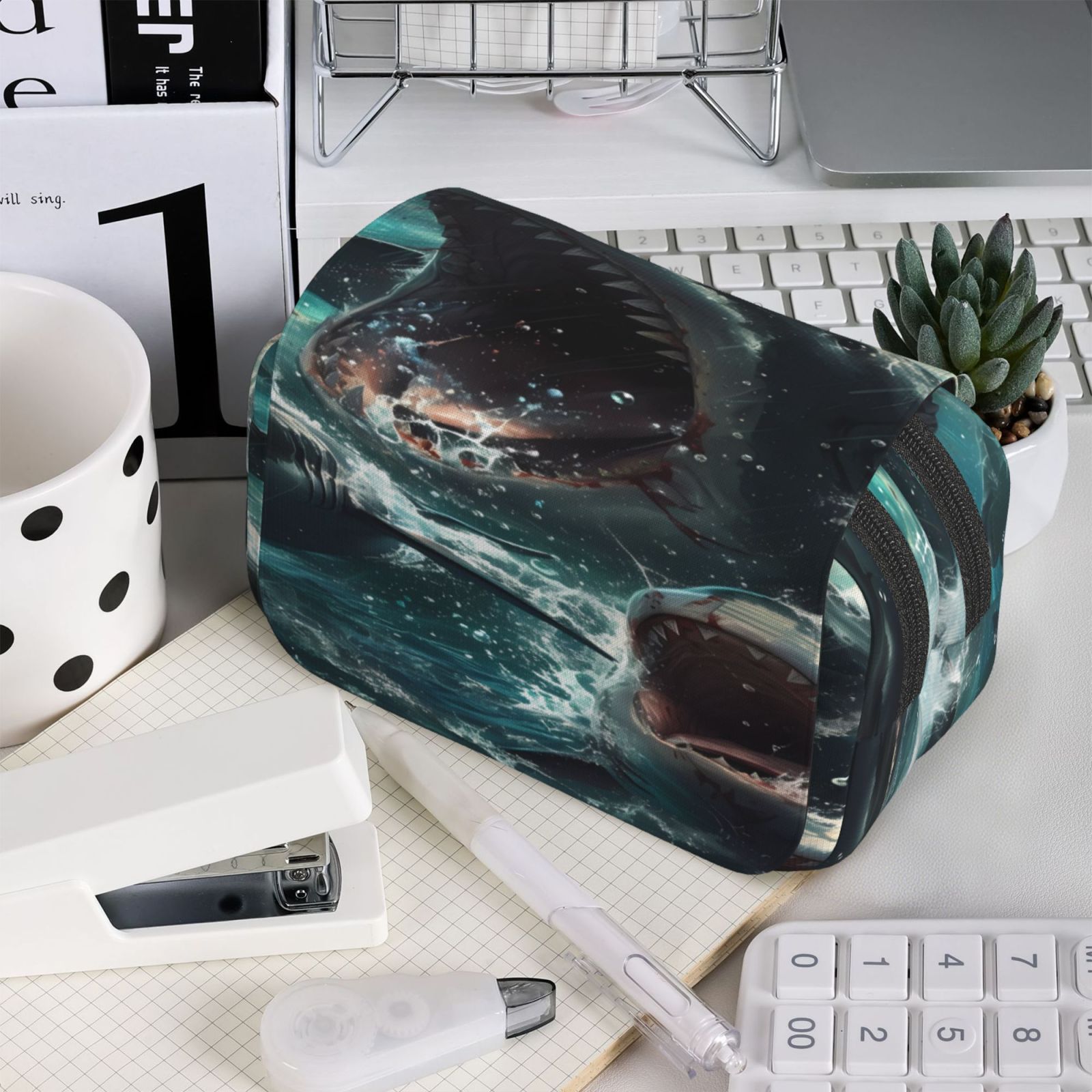 Rateoe Wave Ocean Animal Shark Pattern Double Clamshell Pen Case, Storage Organizer with Two Zipper Compartments– Holds Up to 50 Pencils & Pens