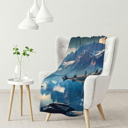Dvbnli Soft Flannel Blankets, Lakes and Mountains in Winter, All Season Use for Bed, Sofa, Couch, Camping, Travel, for Adults, Kids, Pets White
