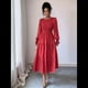thumbnail image 5 of Vestido de Otoño para Invitada de Boda, con Mangas Largas, Volantes, Cuello Redondo, y Fluido. Rojo Óxido XL, 5 of 7