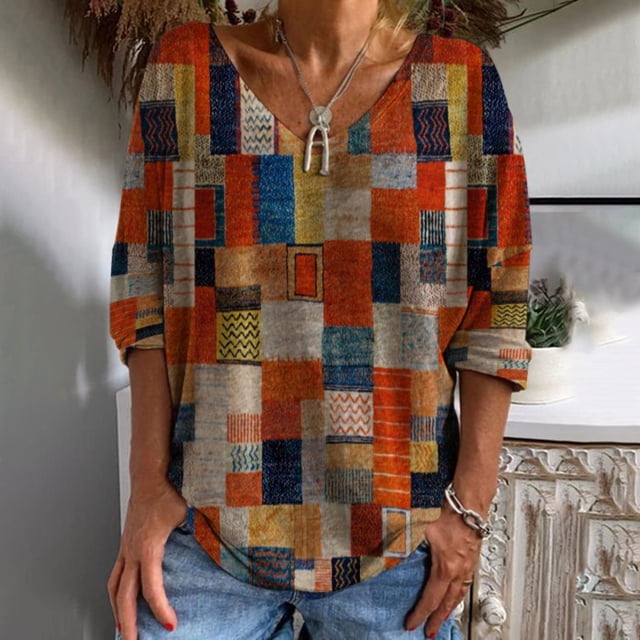 Pntutb moda mujer Casual camiseta Vintage étnico estampado 3/4 manga pulóver blusa tops Pntutb Pntutb-6340