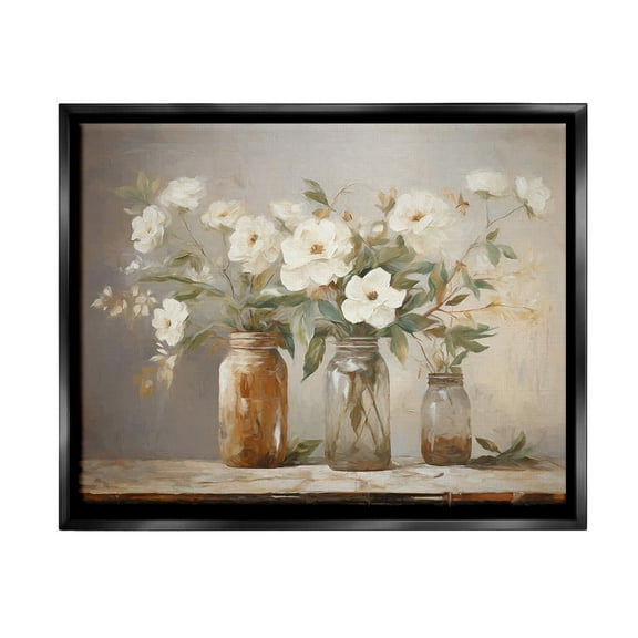 Stupell Industries Vintage Farmhouse Blooms Botanical & Floral Painting Black Floater Framed Canvas Art Print Wall Art, 21 x 17