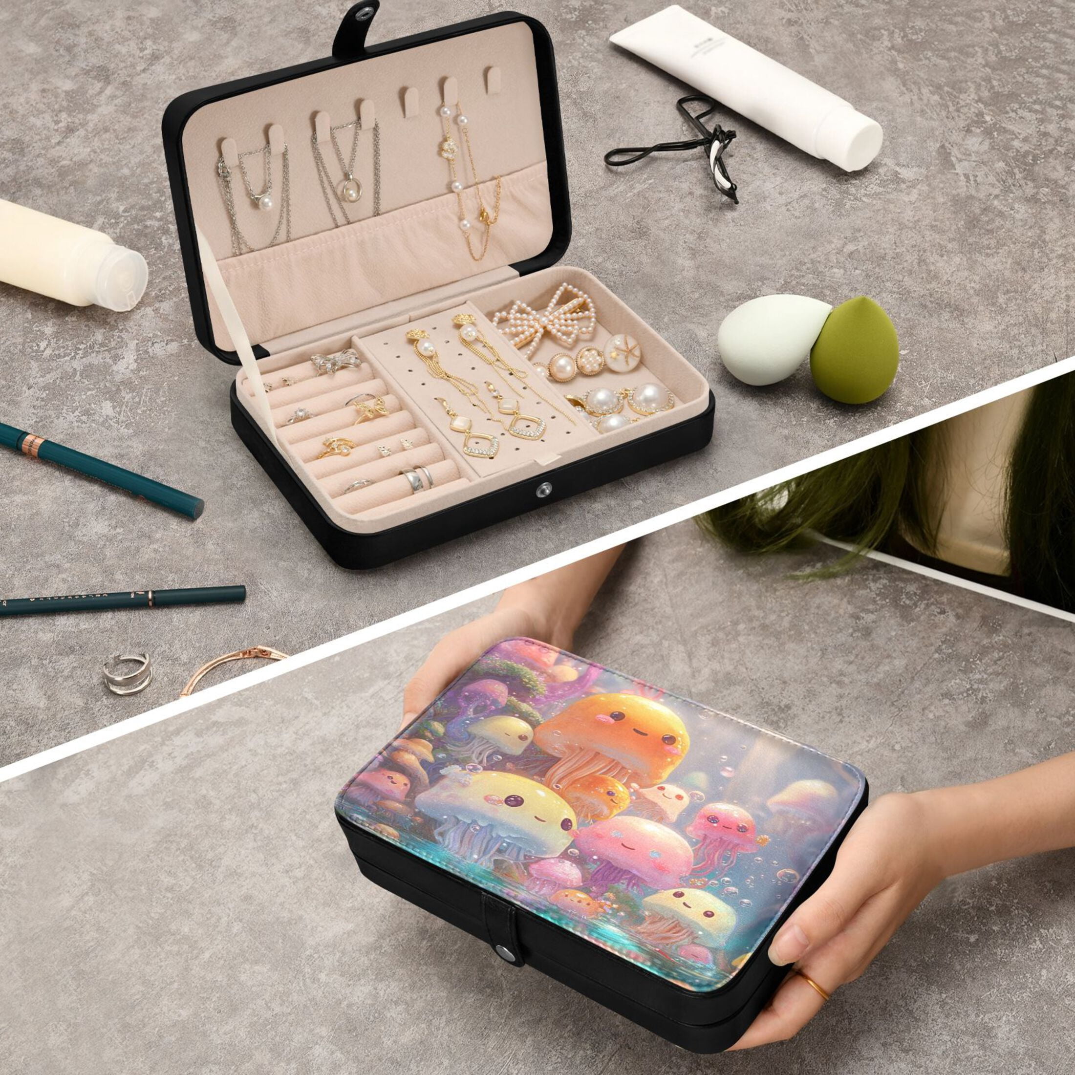 Leather Jewelry Box Rectangular 8.27x5.5x1.78In Travel Jewelry Storage Earrings Necklace Bracelet Watch Brooch Storage Lovely Cartoon Jellyfish