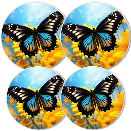 

Electric Stove Burner Covers Set of 4 White Round Cover for Gas Stovetop 8 and 10 Inch Beautiful Butterfly with Black and Blue Wings Flying Over Sunflowers