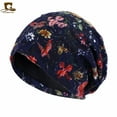 thumbnail image 1 of Bonnets Bombers Pliables en Maille Rafraîchissante pour Femmes Imprimé Floral Fait Main Coton Chimiothérapie Perte de Cheveux Bleu, 1 of 3
