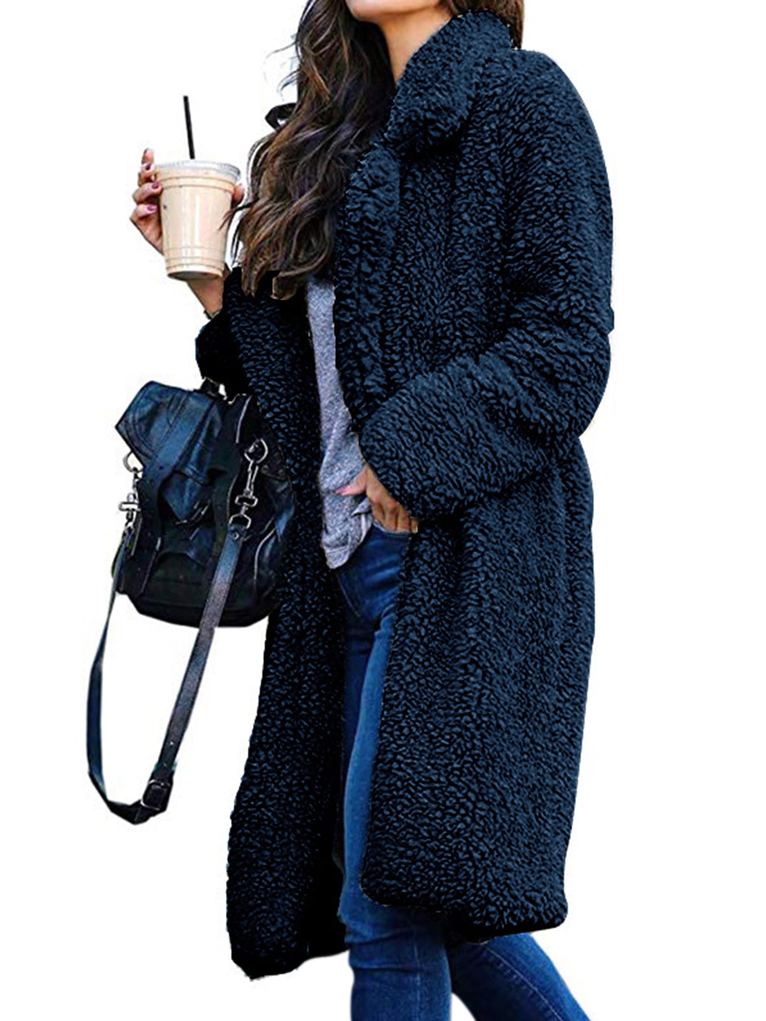 Chunky Cardigan for Women Faux Fur Winter Coat Fashion Lapel Long Sleeve Jacket Oversized Windbreaker 