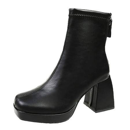 

Fashion Women Artificial Leather Solid Color Autumn Thick Sole Square Heels Zipper Mid Booties Square Toe Shoes