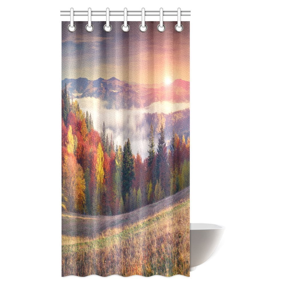 Autumn Waterfall Landscape Shower Curtain Set Bathroom Waterproof Fabric Hooks