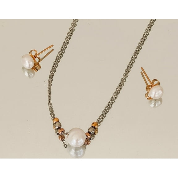 18" Stainless Steel Necklace & Fresh Water Pearls Earrings