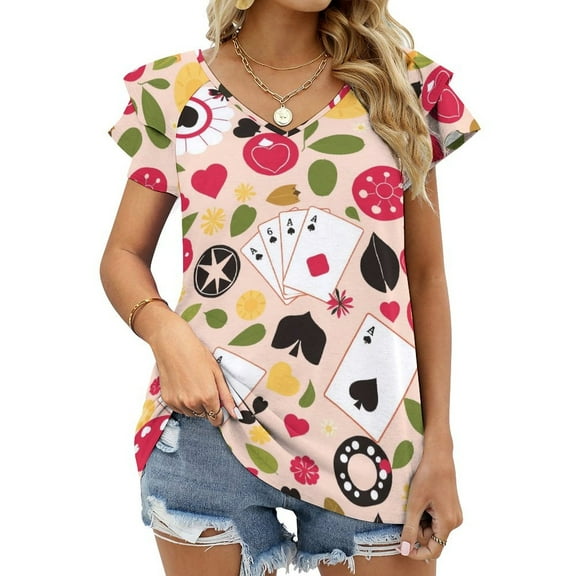 Casino Gambler Poker Pattern Women T Shirt V Neck Top Lotus Leaf Neck Women Clothing