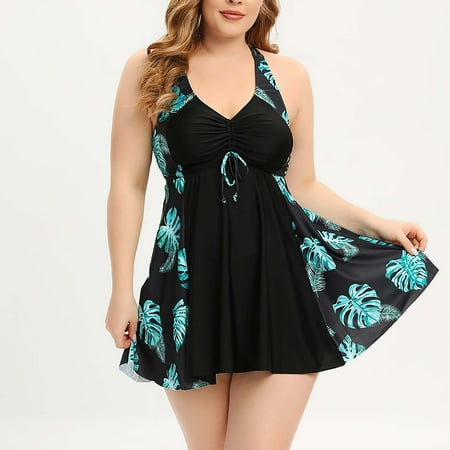 UPPADA Swim Dress for Women Two Piece Plus Size V Neck Halter Swim Skirts Floral Print Tankini Bathing Suits Flowy Cute Swimsuit with Shorts Womens Tummy Control Swimsuits Clearance Black XXXXXL