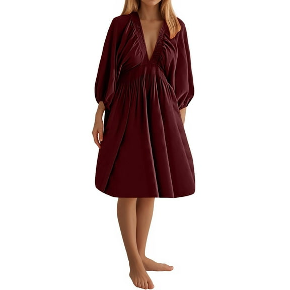 Kaemgyyd Fall Dresses for Women Loose 3/4 Sleeve A-Line Pleated Midi Dress V Neck Flowy Casual Tunic Dress for Beach