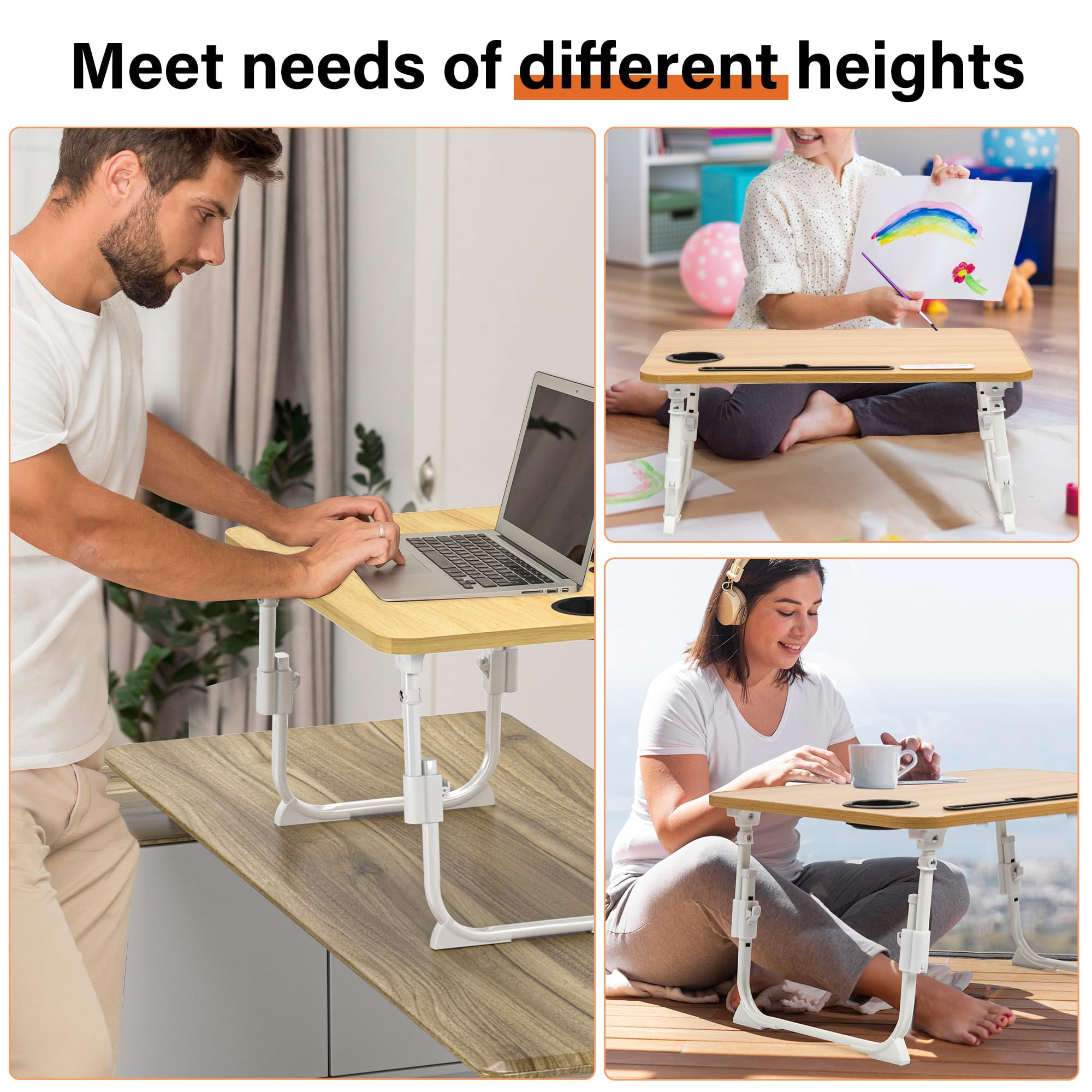 Laptop Bed Desk Height Adjustable  Table With Usb/storage Drawer/cup Holder/tablet Stand/book Shelf Foldable Breakfast Tray Portable For Reading Writing Sofa & Floor Wood