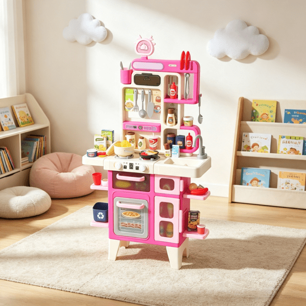 104 Piece Pretend Play Kitchen Set, Realistic Lights & Sounds, Toy Kitchen Accessories for Boys & Girls, Pink