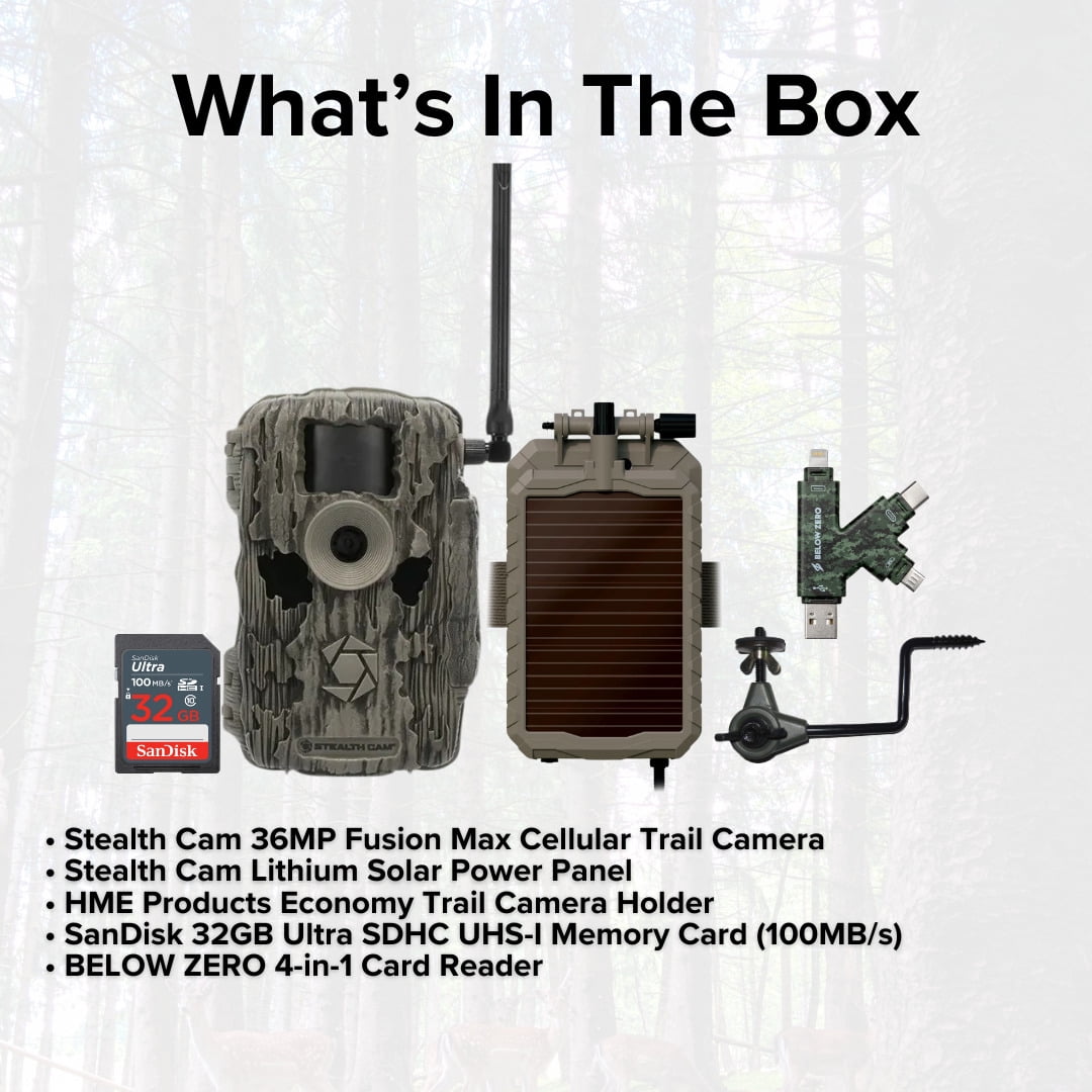 Stealth Cam 36MP Fusion Max Cellular Trail Camera Bundle with Lithium Solar Power Panel, Trail Camera Holder, 32GB Memory Card, and Card Reader (5 Items)