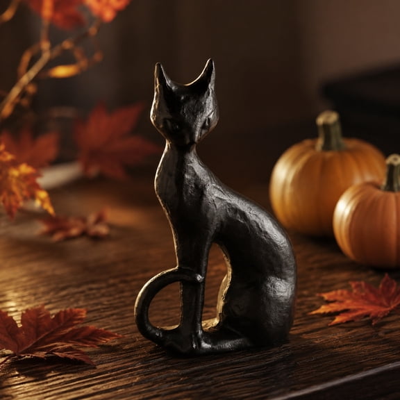 QLUEWX Halloween Sculpted Black Cat Statue, Resin Vintage Sitting Black Cat Figurine, 5.91 Inch Textured Black Cat Sculpture Decor for Tabletop Mantel Shelf Indoor Home Holiday Party Decoration