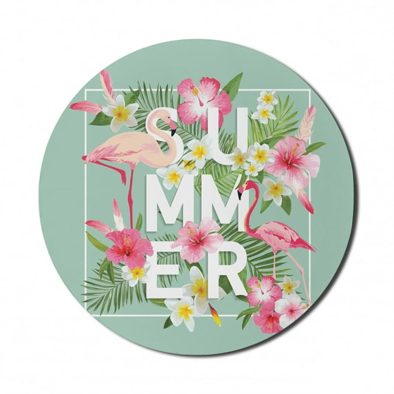 Floral Mouse Pad for Computers, Tropical Flower with Flamingos Retro Wedding Romance Petals Graphic Artwork, Round Non-Slip Thick Rubber Modern Mousepad, 8" Round, Mint Green Pink, by Ambesonne