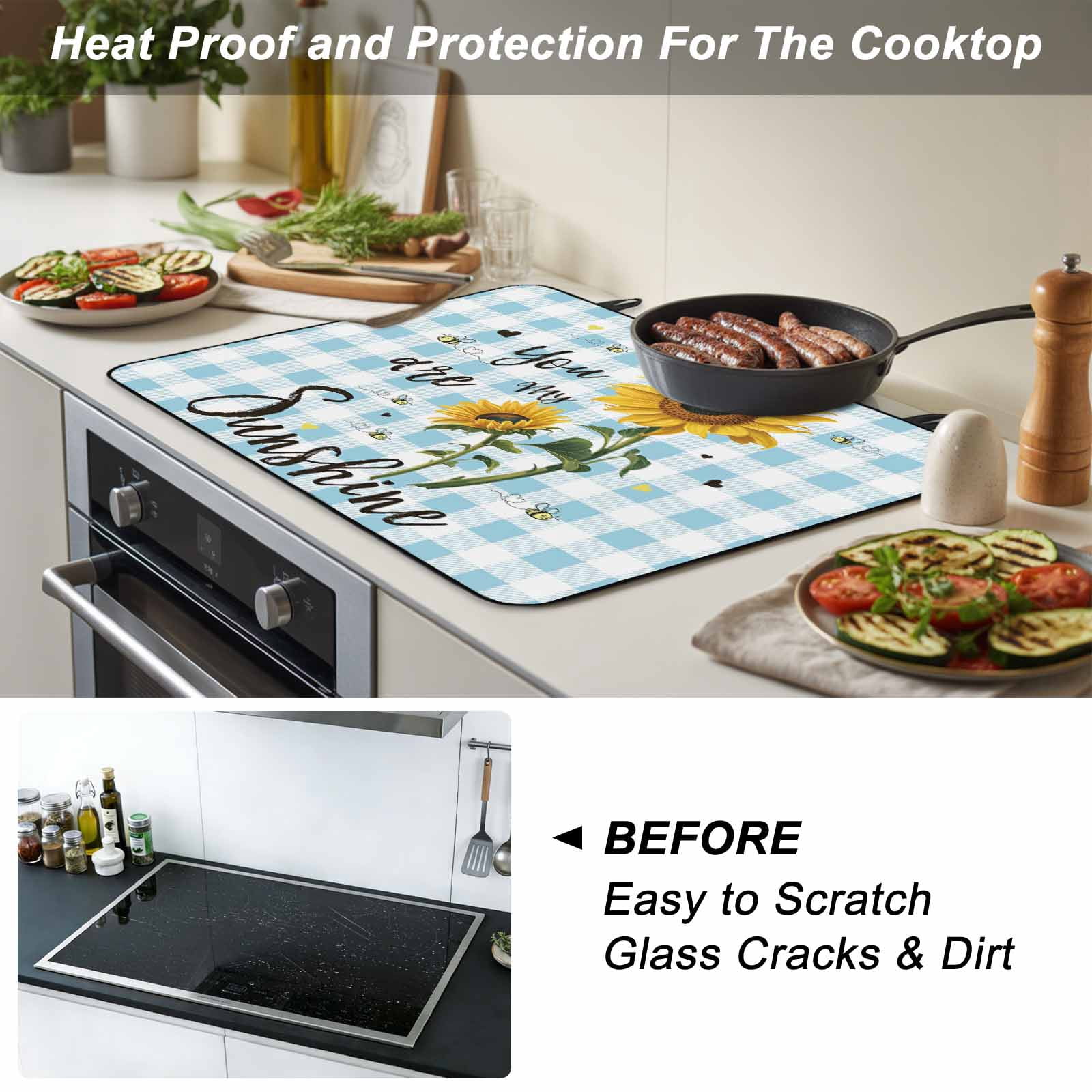 Sunflower Stove Top Cover for Electric Stove, Heat-proof & Non Slip Glass Top Stove Cover Protector, Blue Plaid Farmhouse You Are My Sunshine Kitchen Flat Cooktop Rubber Mat 24x21 Inches
