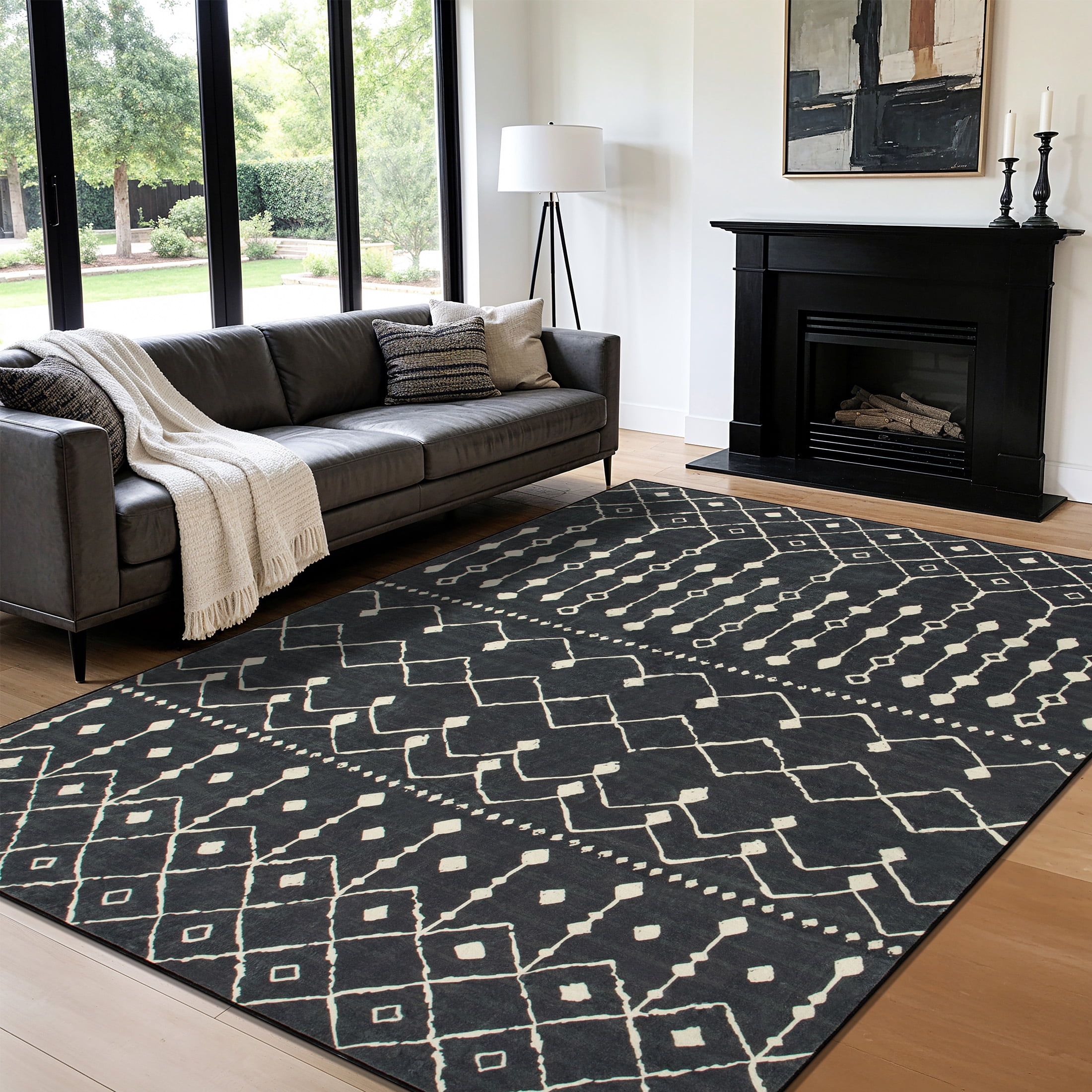 SONORO KATE 5'×7' Washable Area Rug for Living Room, Moroccan Non-Slip Soft Carpet for Bedroom Dining Room Office, Carbonblack