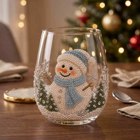 Christmas Stemless Wine Glasses, Sparkling Rhinestone Beaded Holiday Tumbler Cups, Xmas Decor Glassware Gift Set for Christmas Parties and Home, 15oz