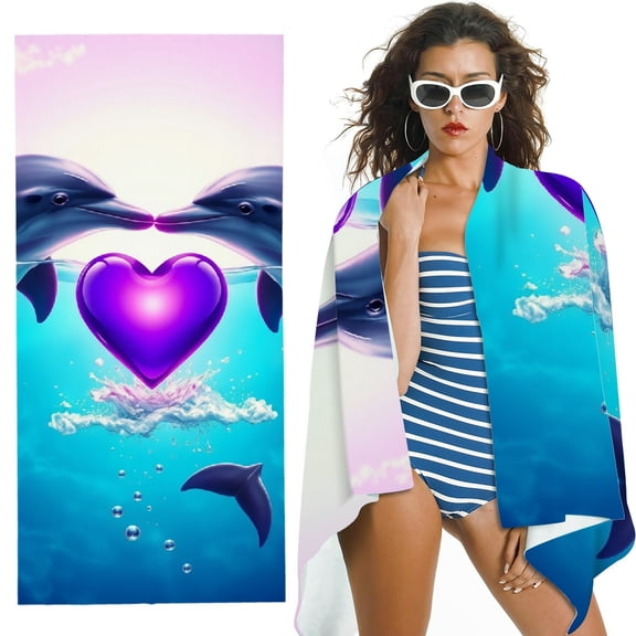 RKSupls Dolphin Purple Heart Ocean Microfiber Beach Towel, Extra Large Quick Dry Lightweight Absorbent Towel for Travel Swimming Camping, Soft Super Absorbent- 30x60 in