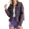 thumbnail image 1 of A2Y Women's Over Dyeing Unhemmed Long Sleeve Denim Jacket Magenta L, 1 of 3