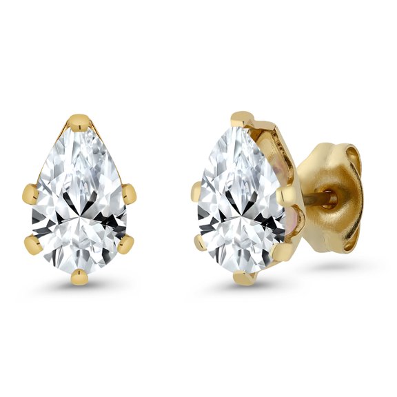 Gem Stone King 2.00 Ct 8x5mm White Created Sapphire Brass Yellow Gold Plated Brass Stud Earrings for Women Men