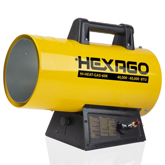 HEXAGO 60,000 BTU Adjustable Portable Liquid Propane Gas Forced Air Heater, Height Adjustable, CSA Listed, Yellow, Heating up to 1,500 sqft
