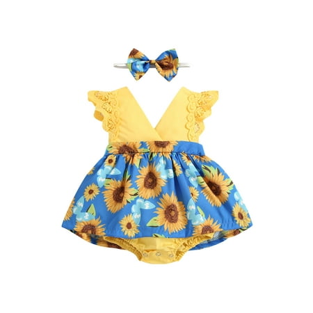 

jaweiw Baby Girls Sunflower Print Romper Dresses Sleeveless V-neck Jumpsuit with Lace+ Bow-knot Headband