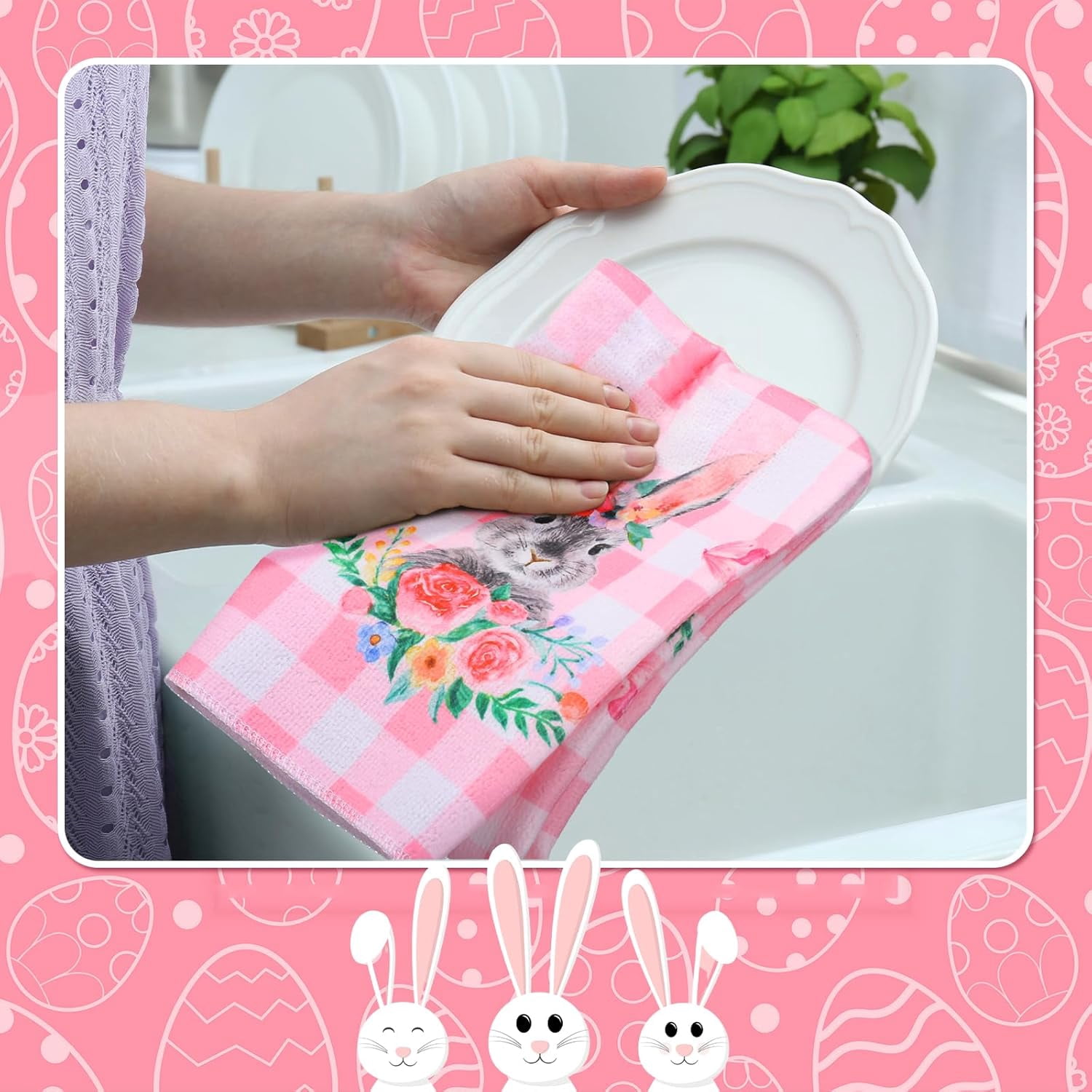 6 Pcs Easter Kitchen Towels Pink Bunny Dish Cotton Buffalo Plaid Happy Easter Hand Rabbits Spring Flowers Eggs Tea Towels for Bathroom Home Housewarming Gift
