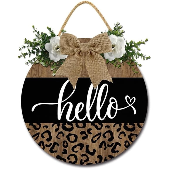 Hello Front Door Sign Leopard Front Door Decor Farmhouse Wreaths Hanging Wooden Plaque Decoration Round Rustic Wood Porch Decor for Homech