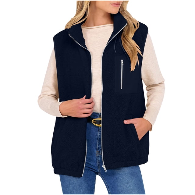Plebaso Veste Sans Manches pour Femmes à Fermeture Éclair, Col Montant, Veste Duveteuse en Molleton pour Femmes avec Poches