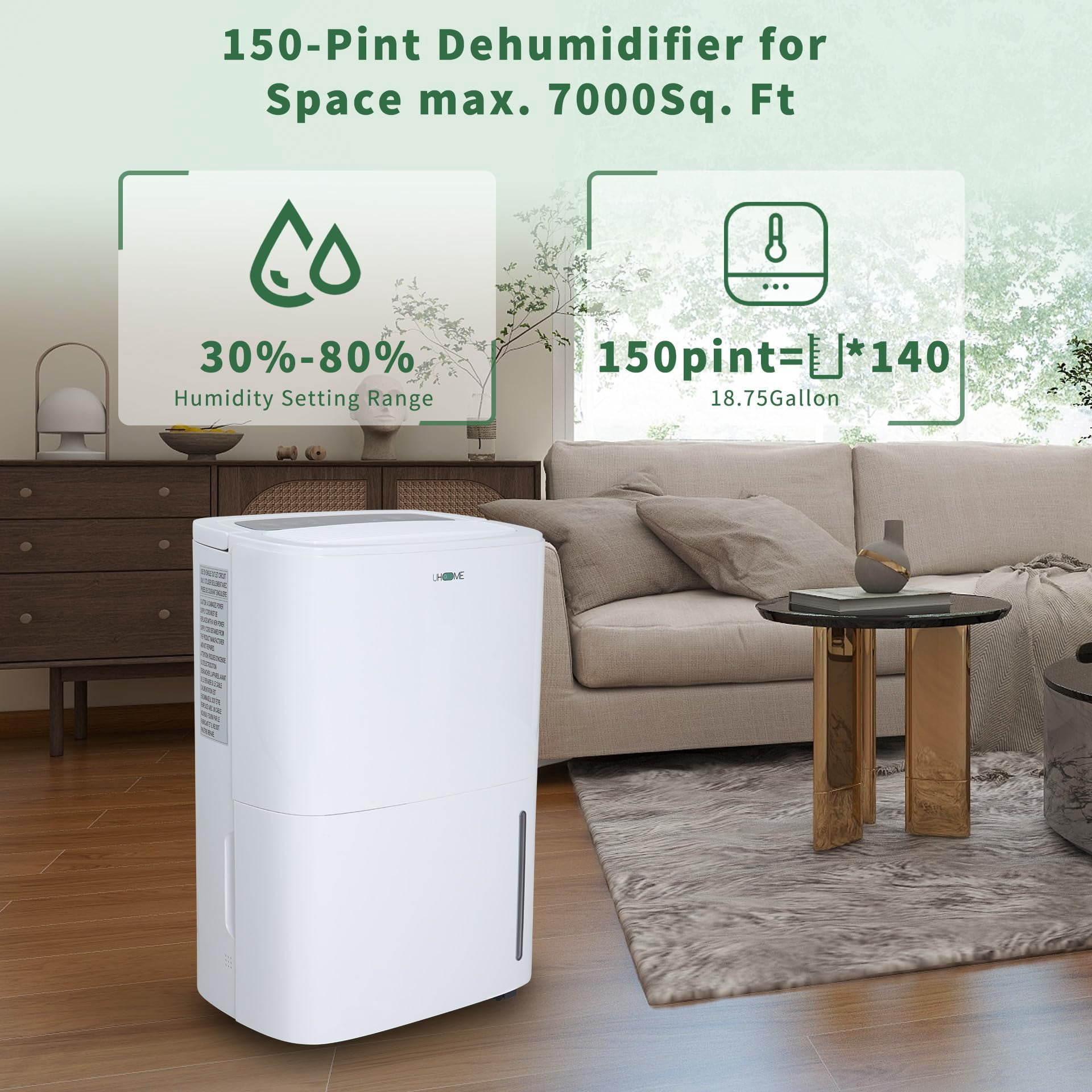 Uhome 150 Pints 7000 Sq. Ft Dehumidifier in White with Pump White