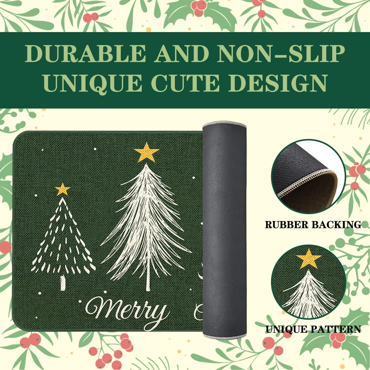 Christmas Door Mat 17x29 Inch Winter Doormat Decorative Outdoor Green Christmas Terr Decoration Indoor Outdoor Entrance Floor mat, Non Slip Welcome Party Decor