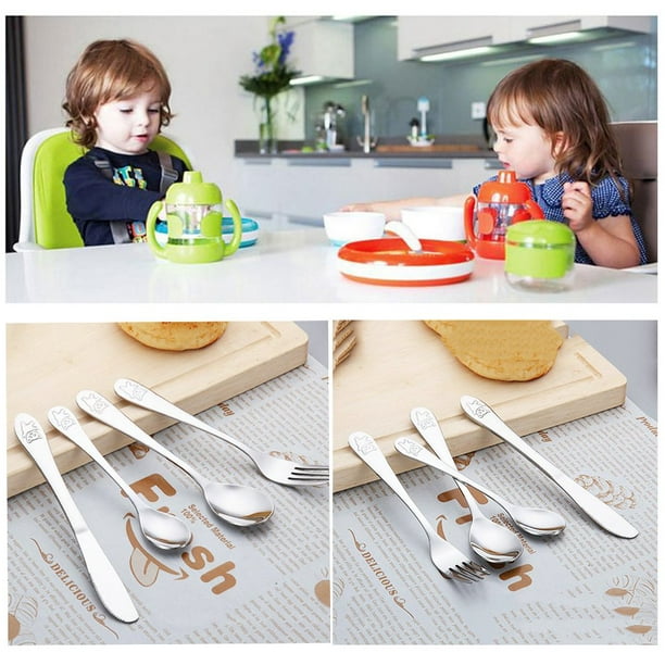 Autorisation! Nouveau 4 pièces/ensemble cuillère à café cuillère fourchette  couteau ustensiles ensemble vaisselle bébé en acier inoxydable 