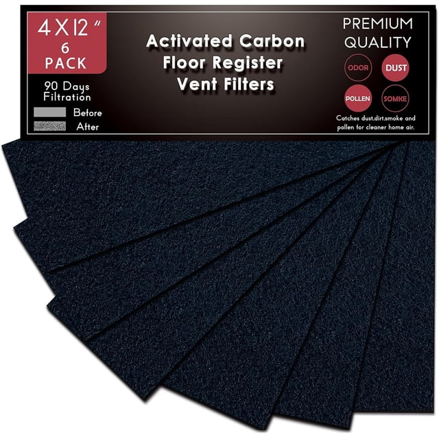 Filtre à Charbon 4 Pouces x 12 Pouces Grille d'Aération Charbon Actif Feuille de Pré-Filtre pour Chauffage de Sol Purificateur d'Air à Domicile, Registre, Plafond 4 x 12 Pouces Lot de 6 (Noir)