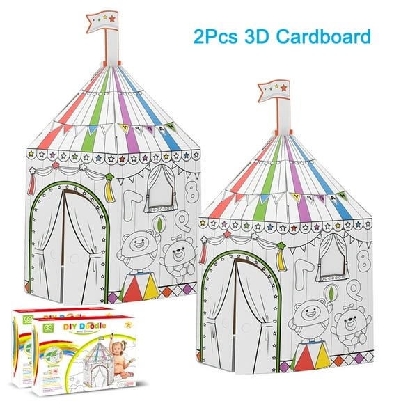 2Pcs 3D Cardboard PlayHouse Educational DIY Toy Hand-Painted Interactive Cardboard Assembly House Toy for Children