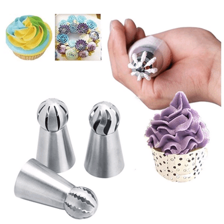 Dilwe 3pcs Russian Stainless Steel Tips Tulip Sphere Whip Cream Buttercream Icing Piping Nozzles DIY Baking Tools Small Torch for Decoration Cupcake Fondant Cake