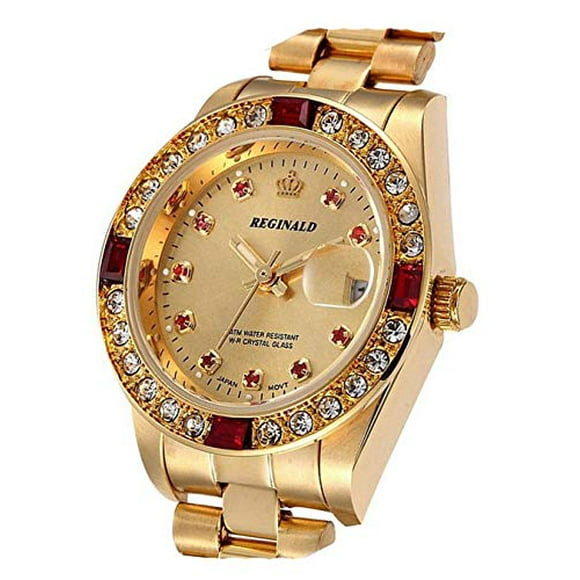 Montre de Luxe en Acier Inoxydable avec Strass, Calendrier Quartz Étanche pour Femmes Ou Hommes, Montre Décontractée Lumineuse (Or)