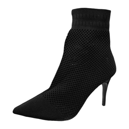 YHGFVOKJ Boots for Women Solid Color Simple Casual Knitted Breathable Socks High Heels Fine Heeled Mid Pointed Toe Large Size Boots Ankle Short Boots Shoes Winter Boots Black 41
