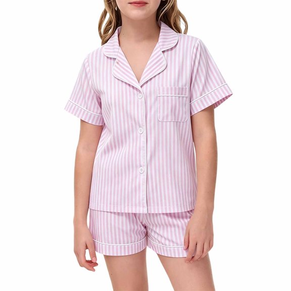 Girls Summer Pajamas Set Short Sleeve Button Down Shirt Top With Shorts Pajamas Two Piece Outfit Printed Comfy Nightwear