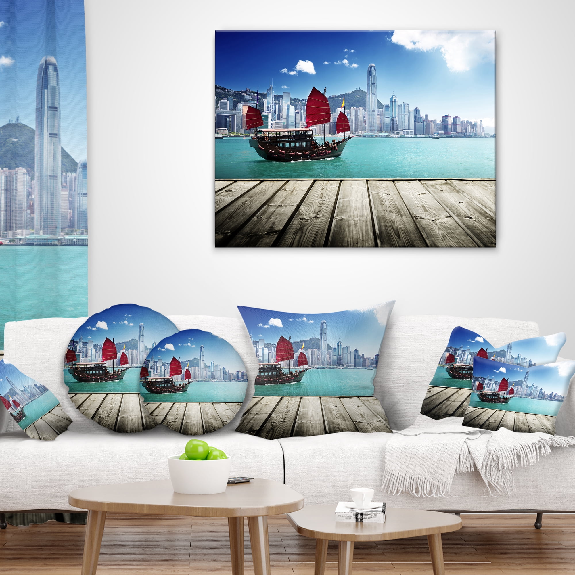 Designart Hong Kong Harbor - Photography Throw Pillow - 18x18