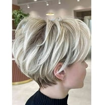 PHOCAS Short Blonde Wigs for Women Pixie Cut Wig Ombre Blonde Wig with Bangs