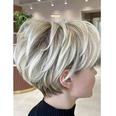 PHOCAS Short Blonde Wigs for Women Pixie Cut Wig Ombre Blonde Wig with Bangs