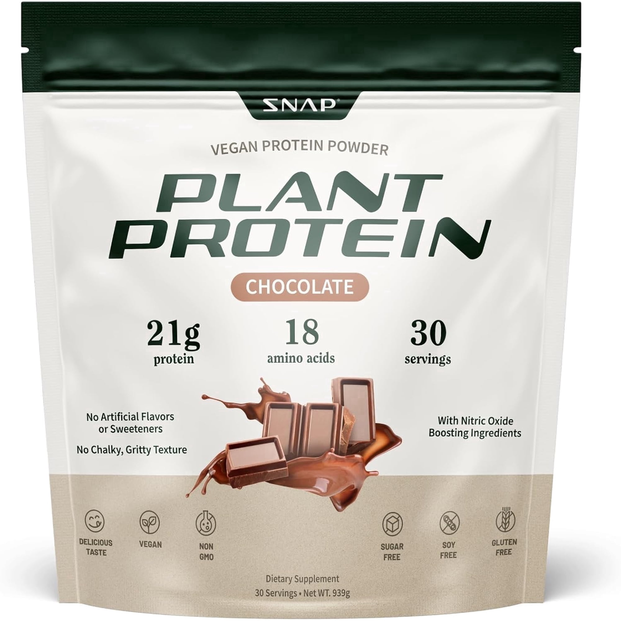 Snap Supplements Vegan Protein Powder, 21 g Plant Protein, Chocolate, 30 Servings, Adult Dietary Supplement Powder, Easy-to-Mix Daily Powder Formula, For protein intake and workout recovery