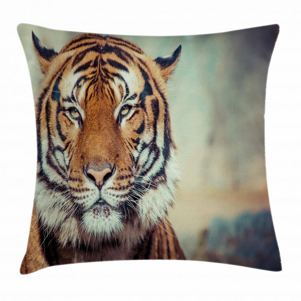 Tiger Throw Pillow Cushion Cover, Large Feline in a Calm State with