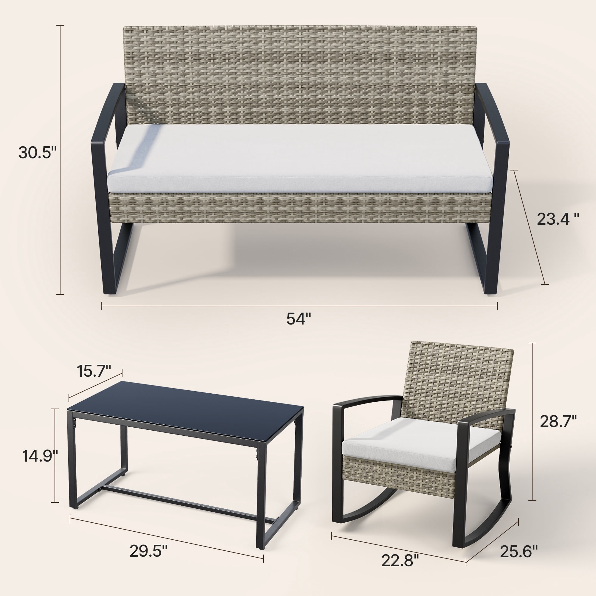 Patio Furniture Set, Lofka 4 Pieces Outdoor Conversation Set with Rattan Rocking Chairs & Loveseat, Removable Cushions for Garden Backyard, Gray