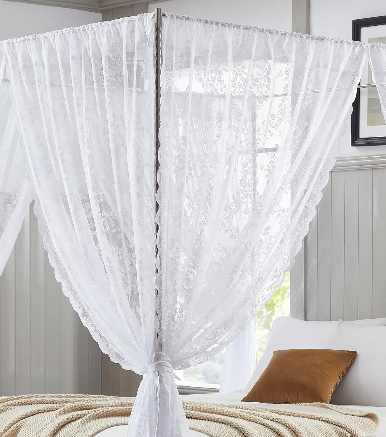 Warm Home Designs Lace Canopy Bed Curtains Set Consists of 8 48" x 78" White Canopy Curtains with Tie-Backs. LC White