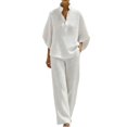 thumbnail image 4 of Breezora Women's Summer Casual Knit 2 Piece Outfit Batwing Sleeve Stand Collar Blouse Wide Leg Pants Loose Fit Set, 4 of 7