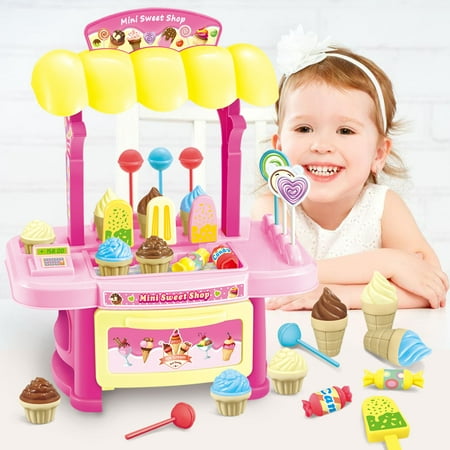 JUMPER 34-Piece Ice Cream Cart Toy Food Play Set for Kids Pretend Play Food Educational Ice-Cream Trolley Truck Gifts for Toddler